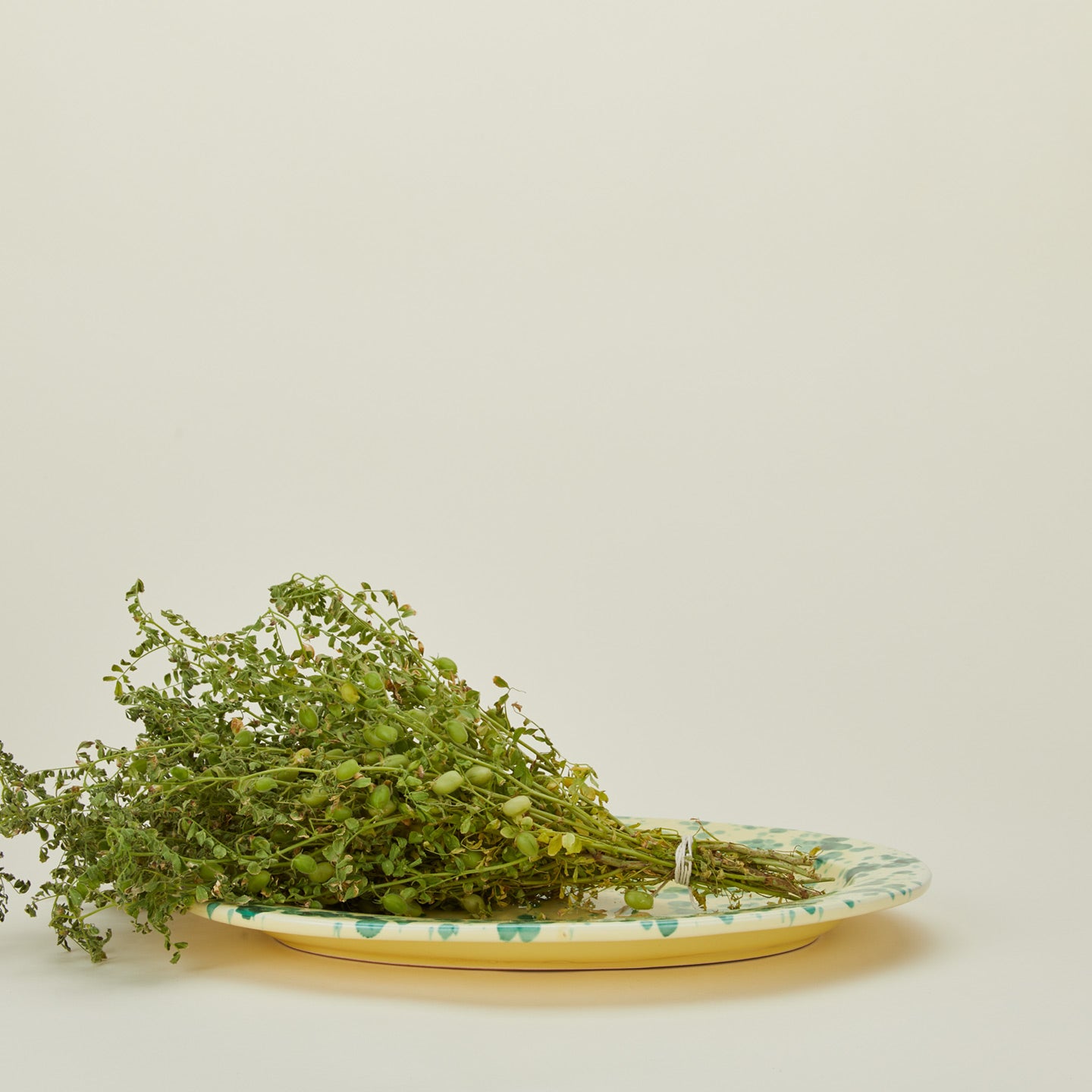 Splatter yellow and green oval platter with salad