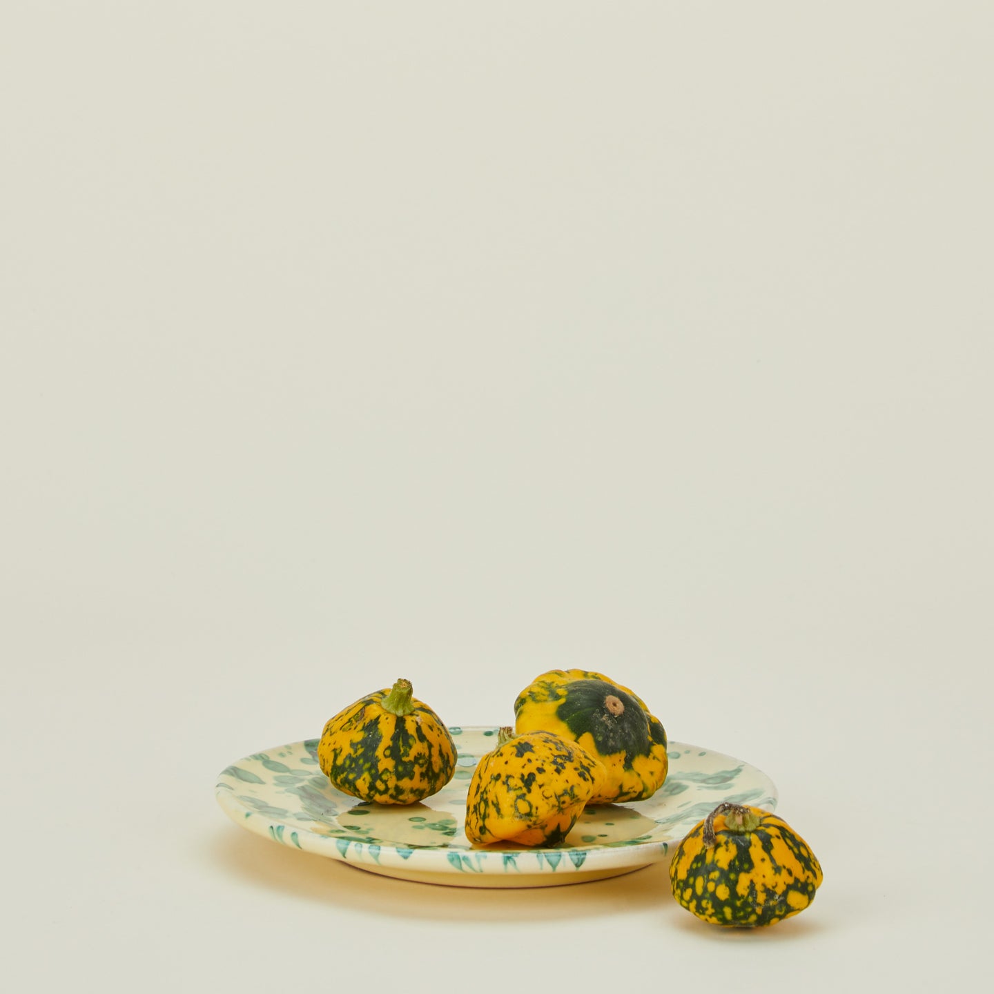 Splatter salad plate in yellow and green with gourds