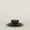 Stoneware Bowl, Salad Plate and Dinner Plate in Black, stacked.