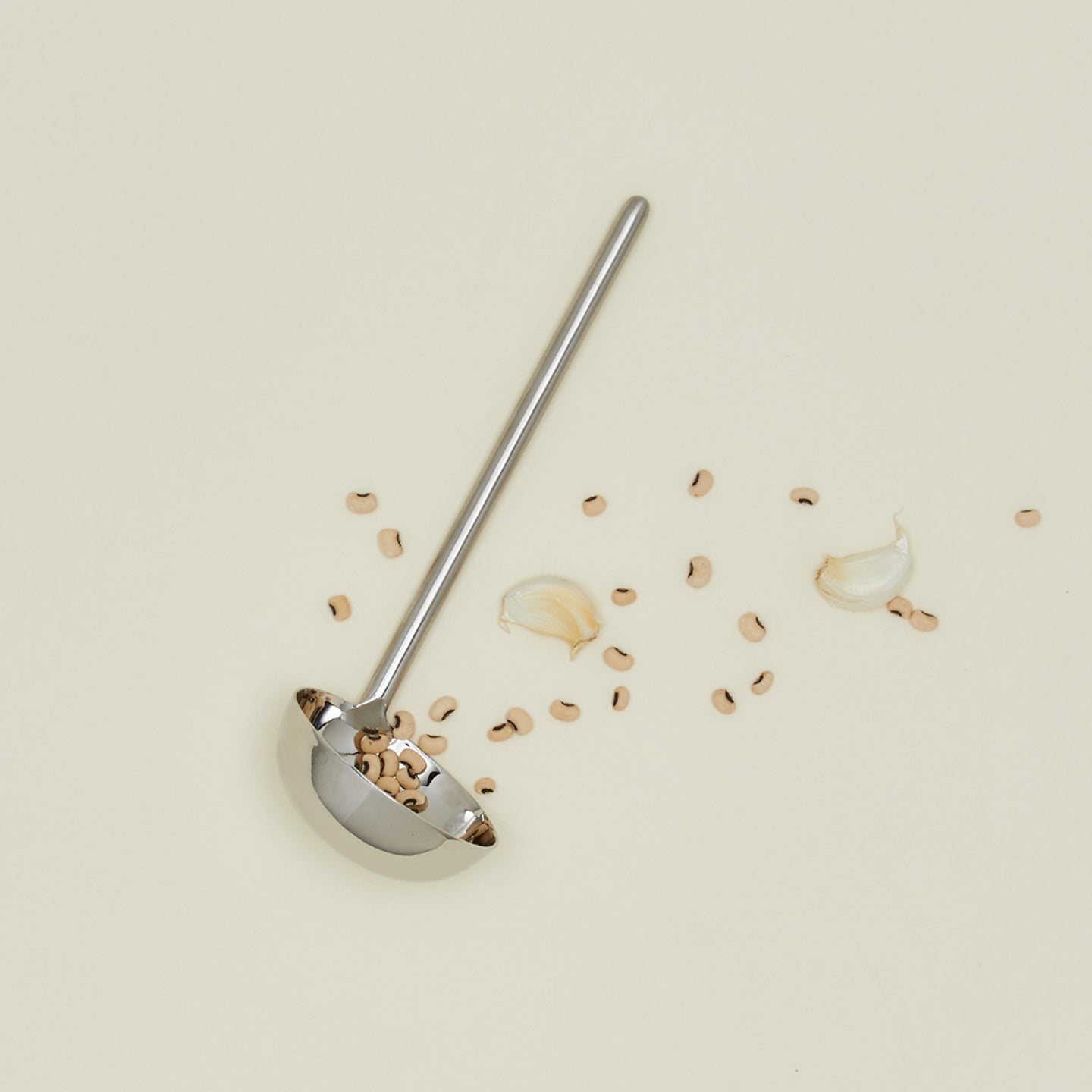 Simple metal ladle in silver with beans and garlic