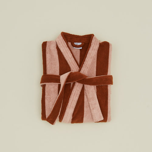 Folded Simple Striped Terry Bathrobe - Blush/Terracotta