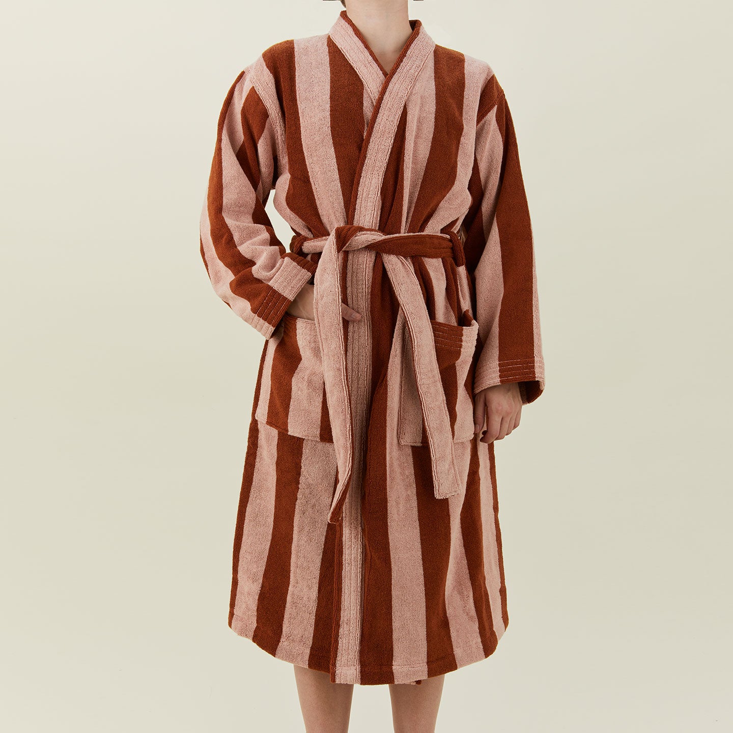 Simple Striped Terry Bathrobe - Blush/Terracotta on model