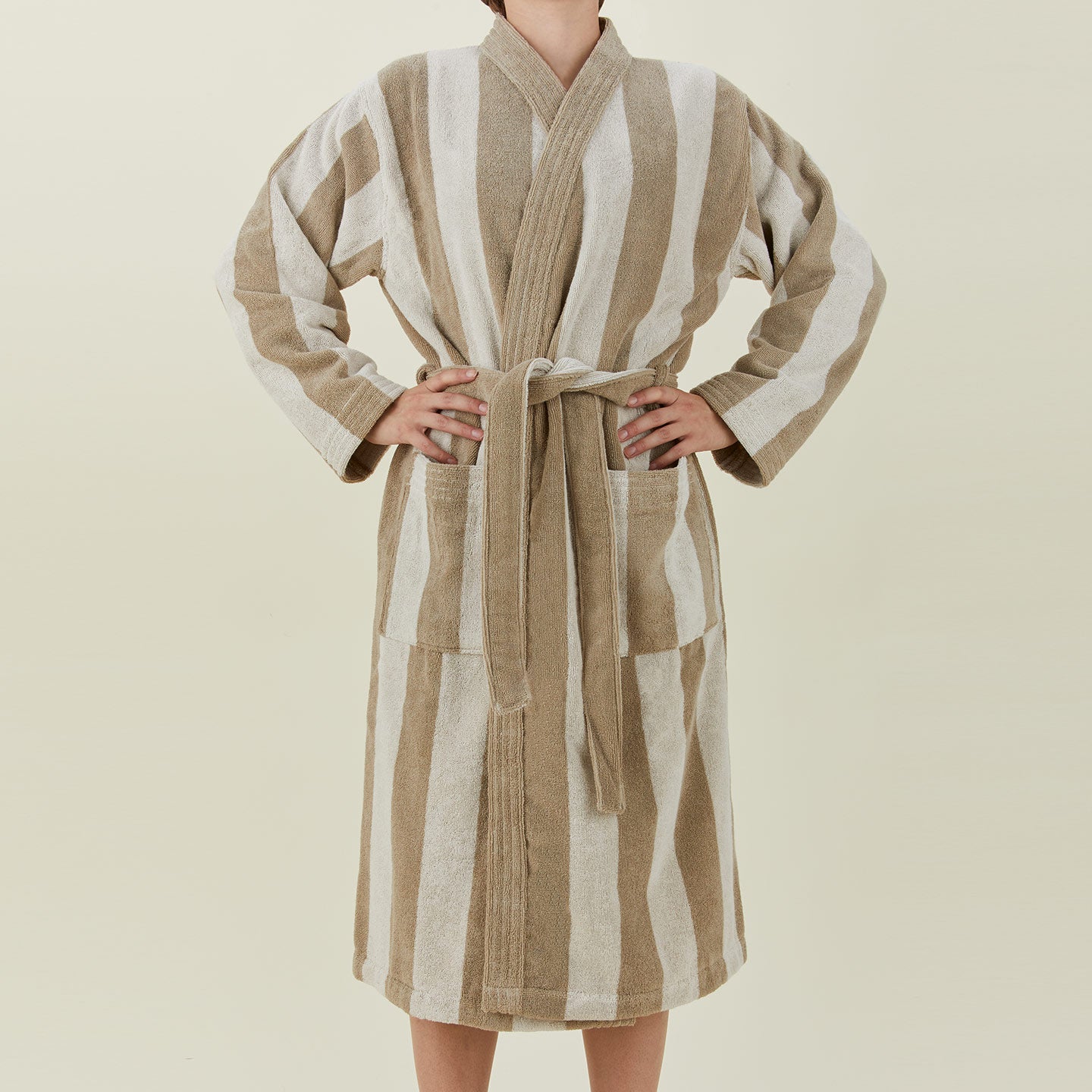 Simple Striped Terry Bathrobe - Ivory/Flax on model