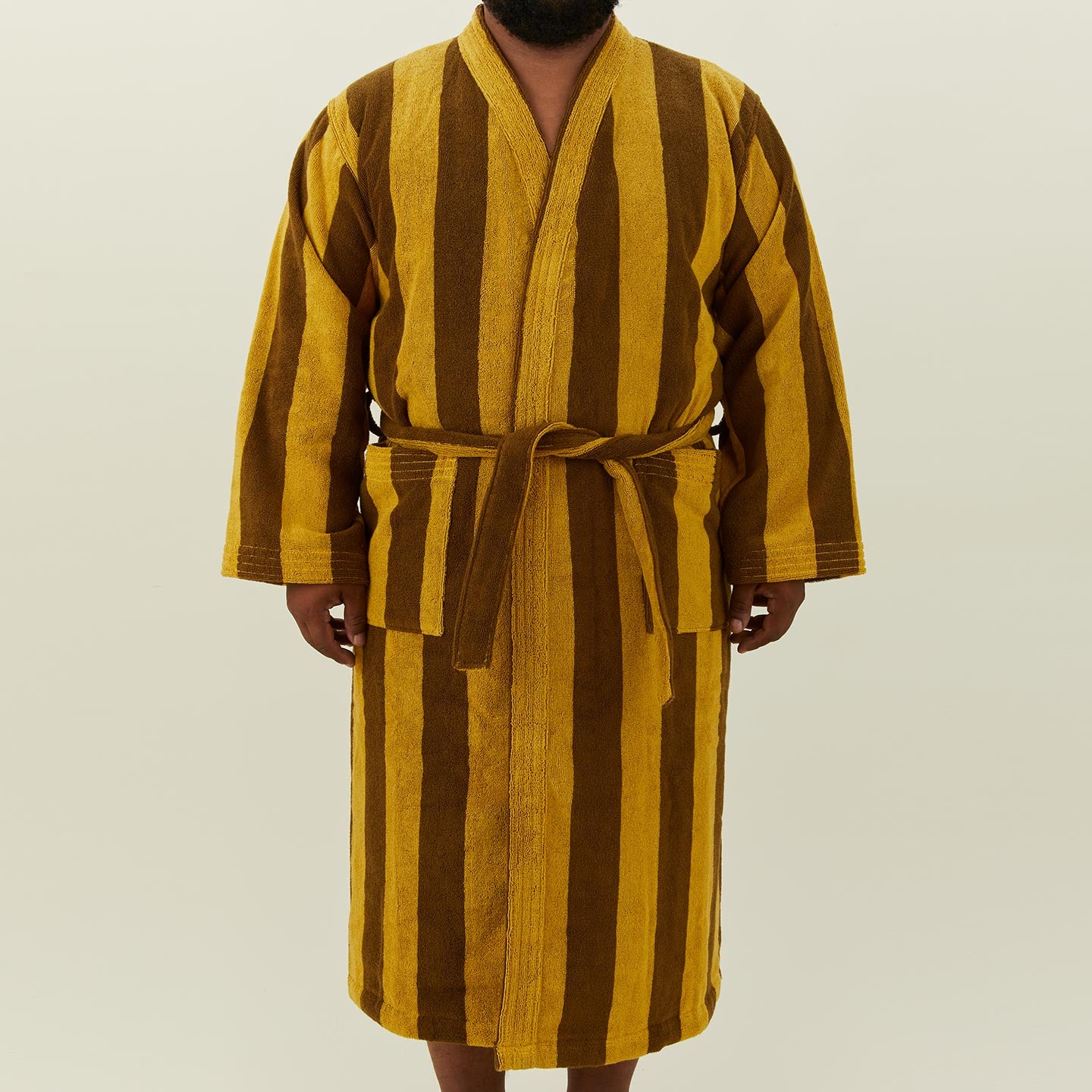 Simple Striped Terry Bathrobe - Mustard/Bronze on model