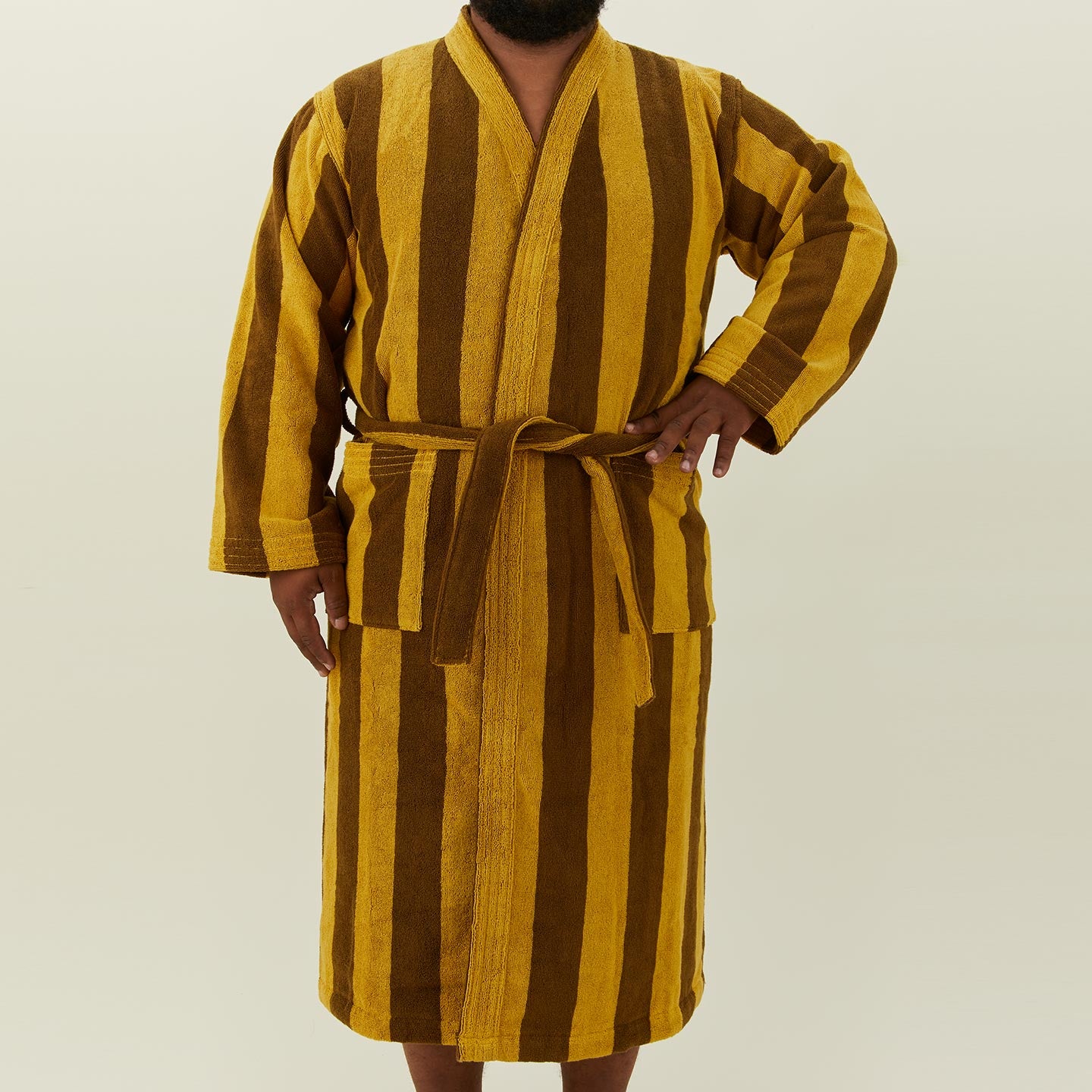 Simple Striped Terry Bathrobe - Mustard/Bronze on model