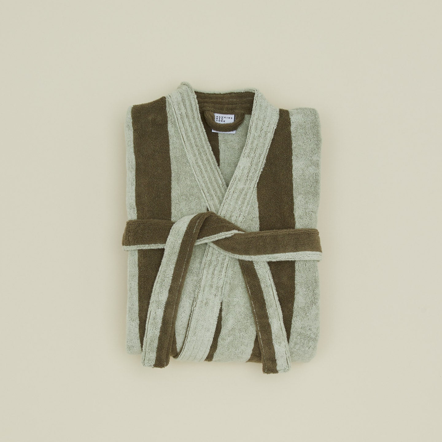 Folded Simple Striped Terry Bathrobe - Olive/Sage