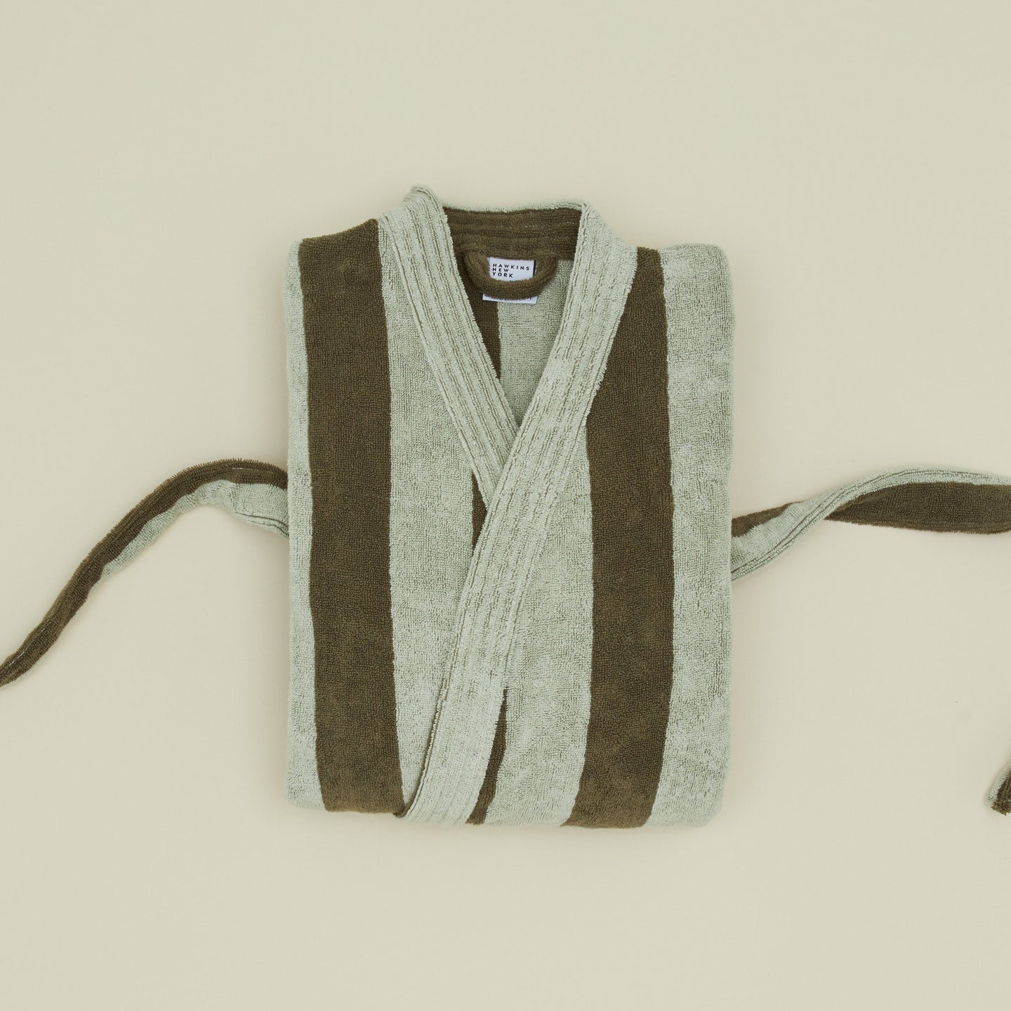 Folded Simple Striped Terry Bathrobe - Olive/Sage