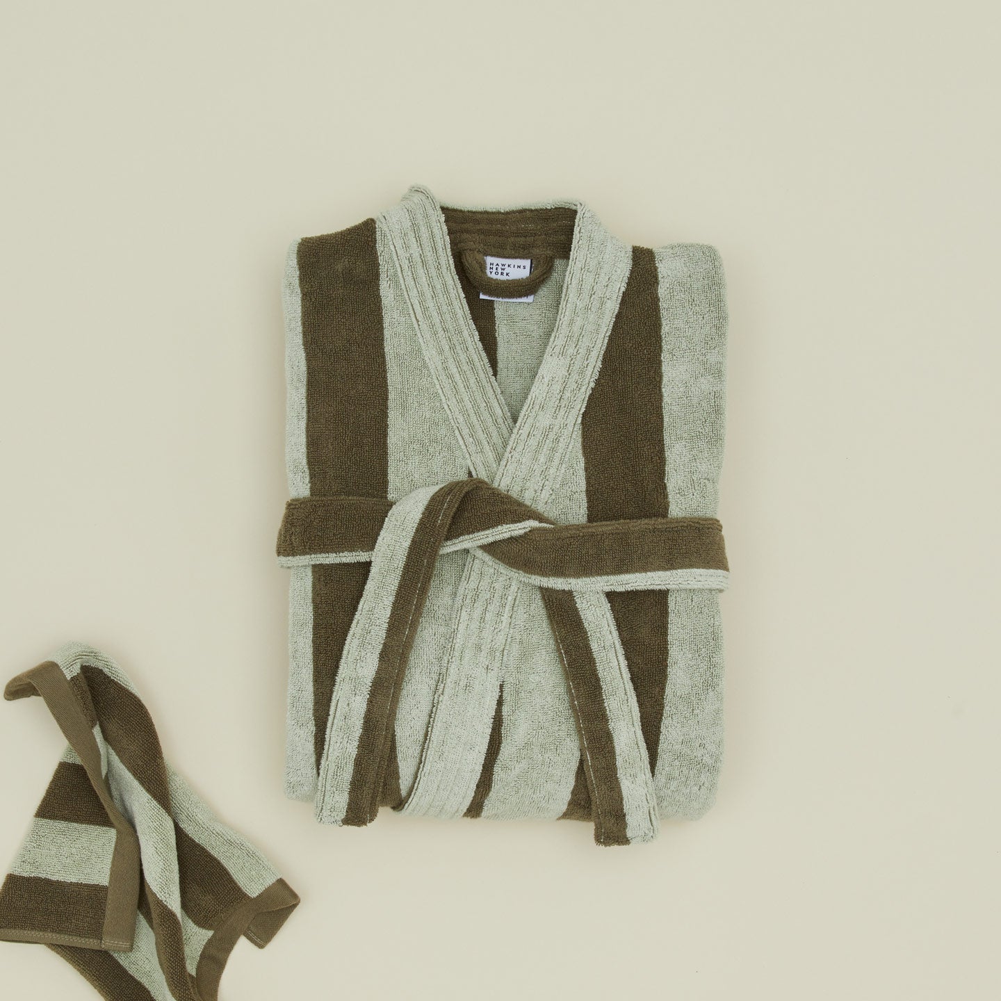 Folded Simple Striped Terry Bathrobe - Olive/Sage with washcloth