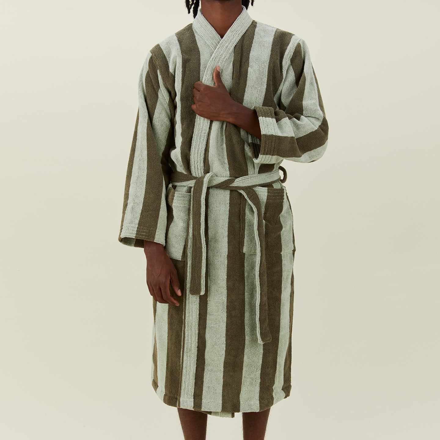Simple Striped Terry Bathrobe - Olive/Sage on model