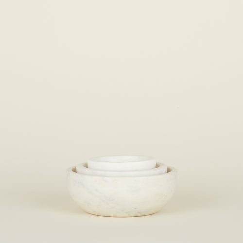 Three Simple Marble Bowls in various sizes in White, nested.