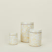 Large, medium, and small splatterware canisters in white and ivory