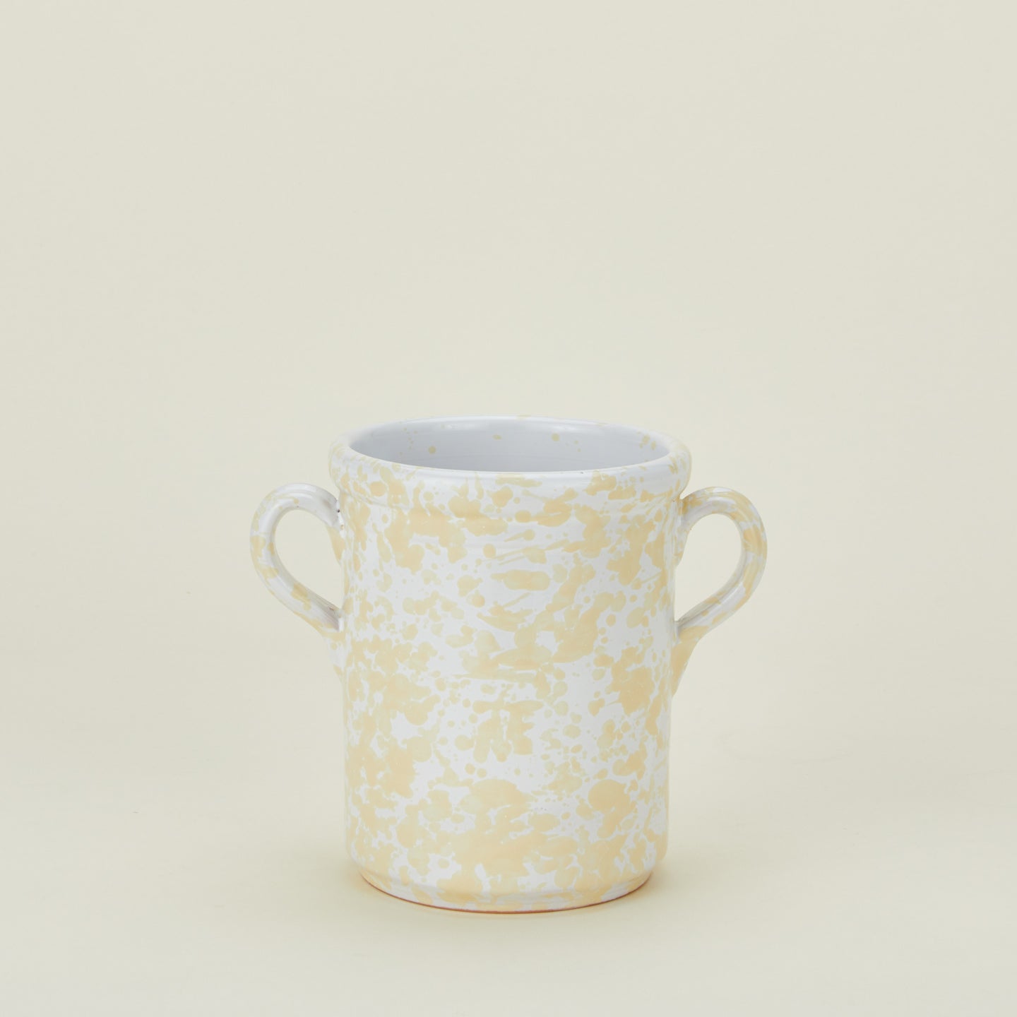 Splatterware crock in white and ivory