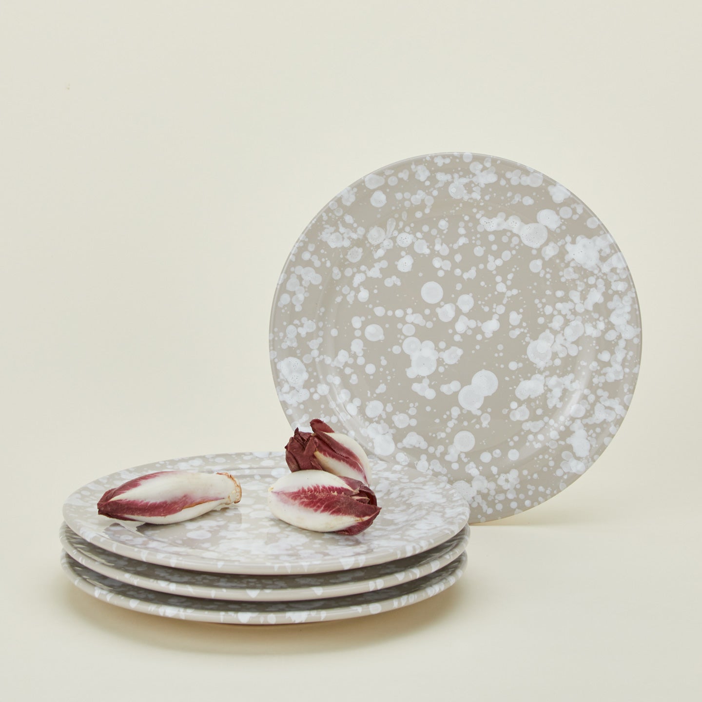 Splatterware dinnerplates set of 4 in grey and white with onions