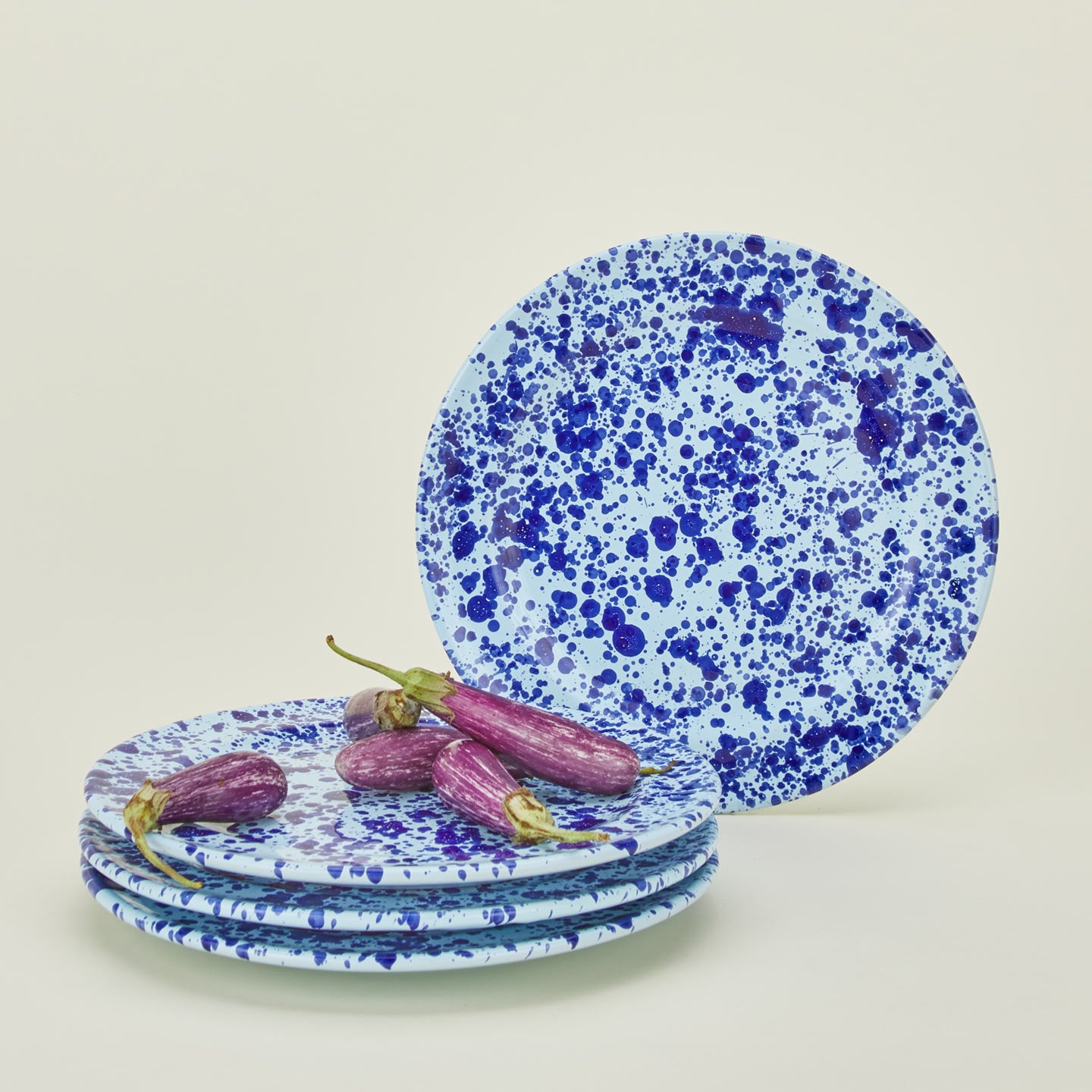 Splatterware dinner plate set of 4 in sky and cobalt with eggplants