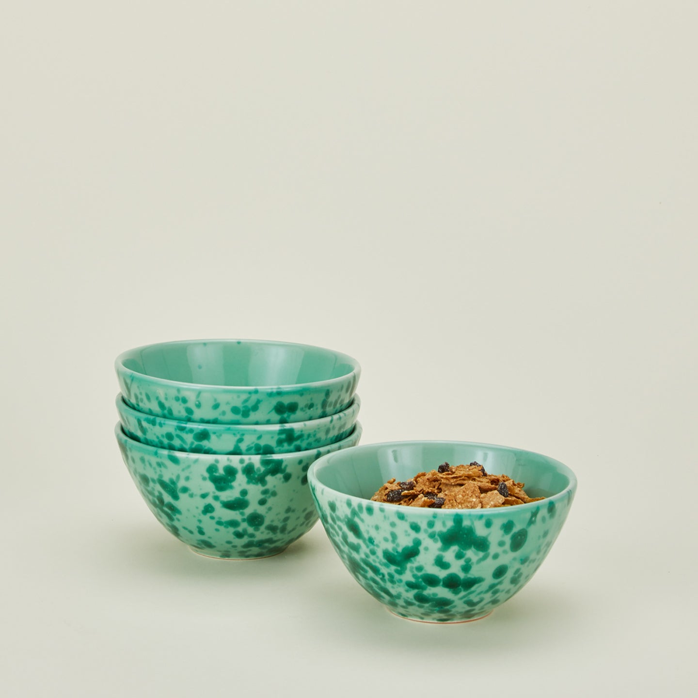 Splatterware large bowls set of 4 in sage and green with cereal