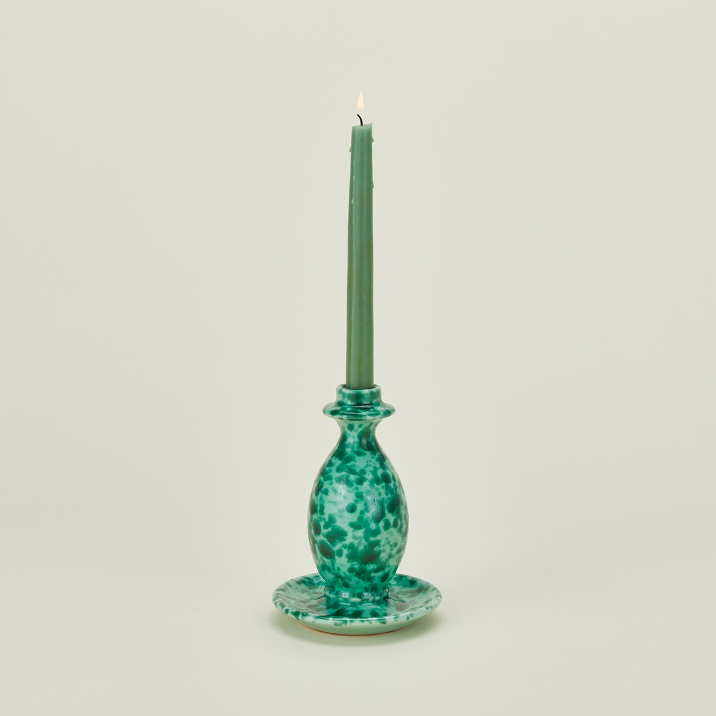 Large splatterware candlestick holder in sage and green with candle