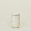 Large splatterware canister in white and ivory