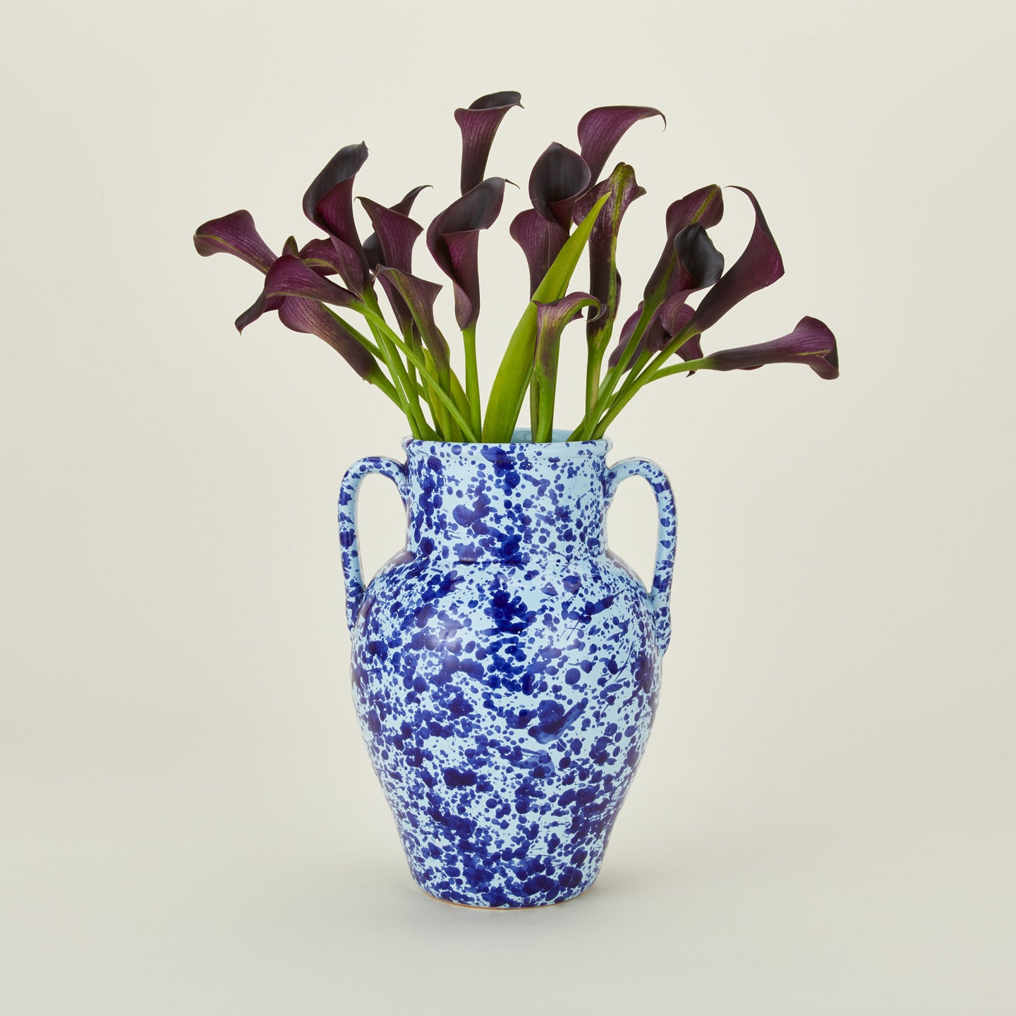 Large splatterware vase in sky and cobalt with florals