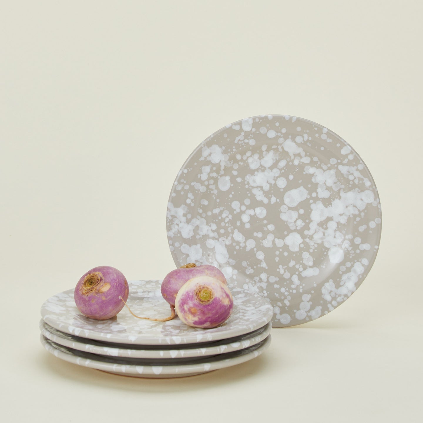 Splatterware salad plates set of 4 in grey and white with radishes