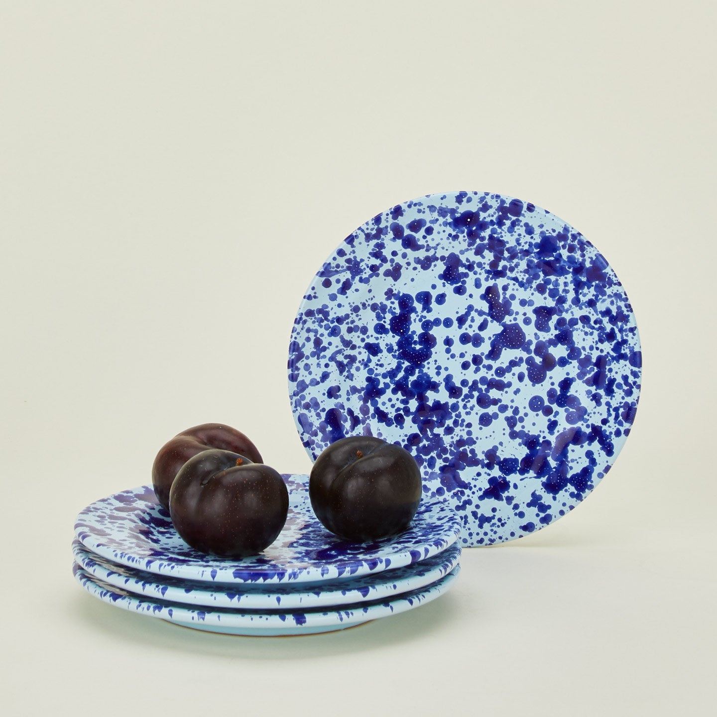 Splatterware salad plate set of 4 in sky and cobalt with plums