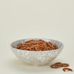 Splatterware serving bowl in grey and white with pretzels