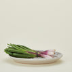 Splatterware serving platter in grey and white with green onions
