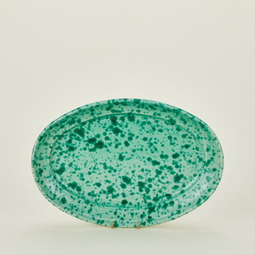 Splatterware serving platter in sage and green