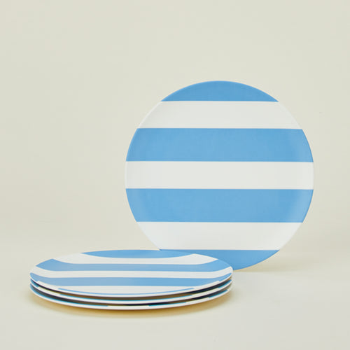 Set of 4 bamboo melamine side plates in Wide Blue Stripe.