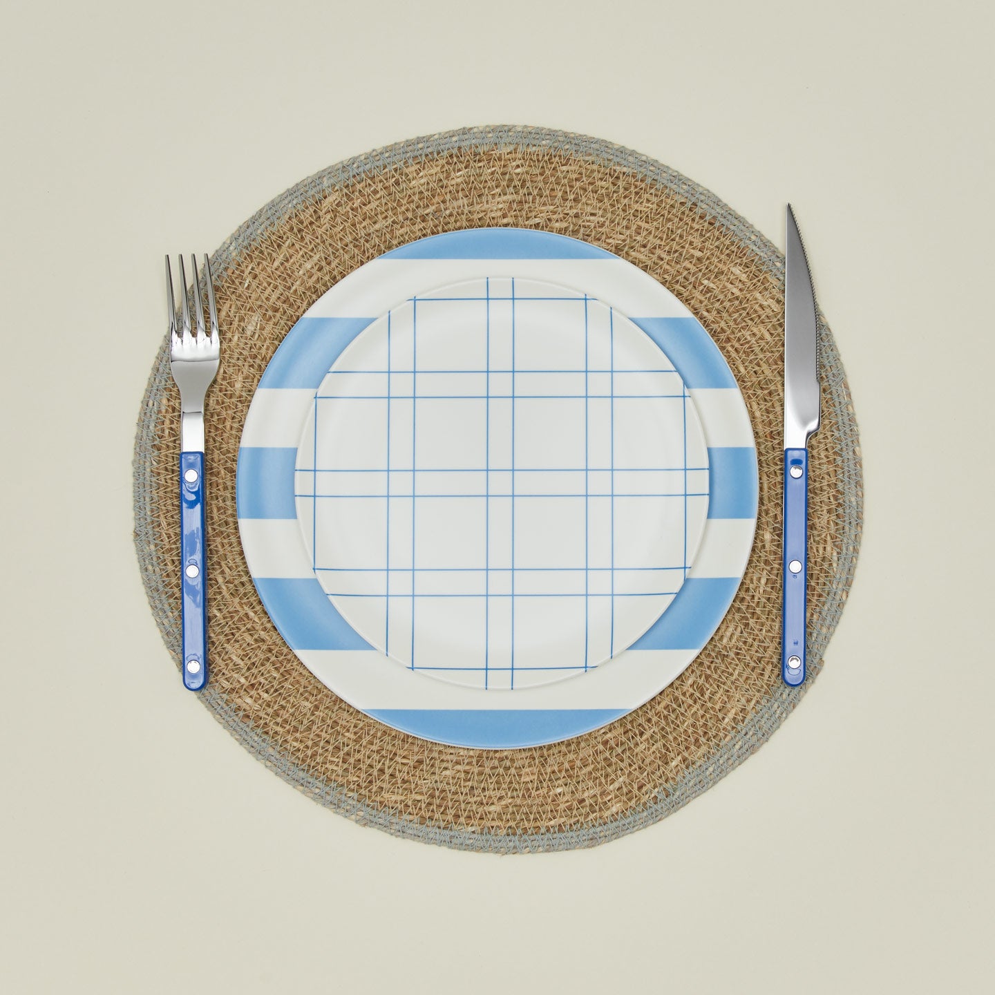 Bamboo Melamine Dinner Plate, Set of 4 - Blue Wide Stripe