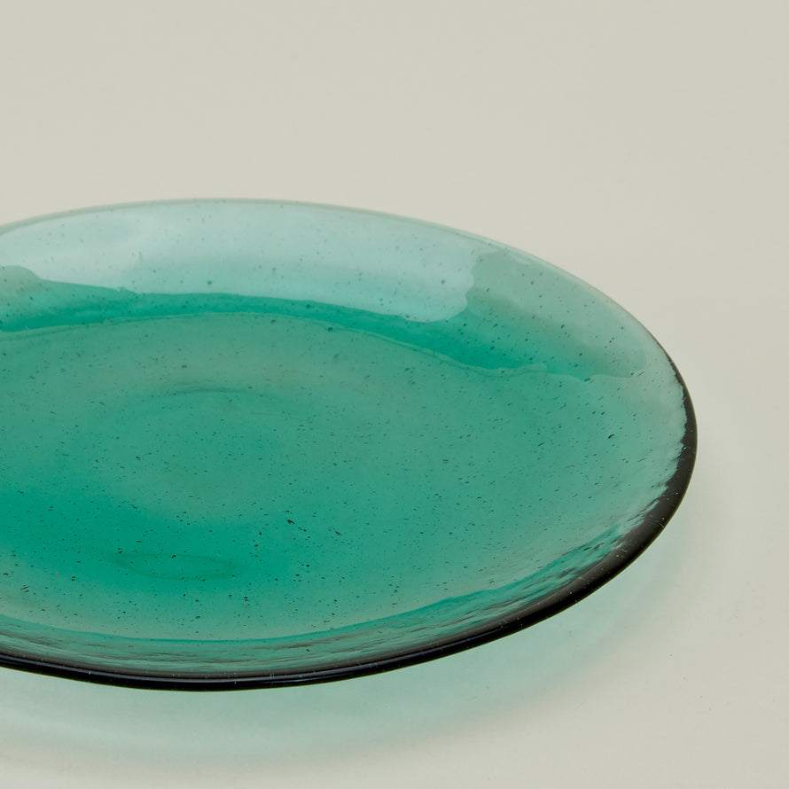 Close up of Glass Salad Plate in Jade.